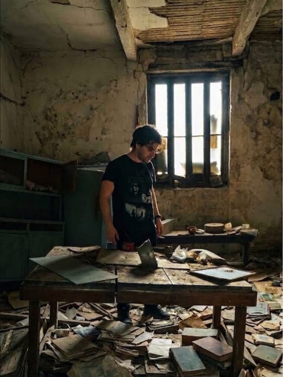 Nicolás looking through abandoned papers and books in a ruined room