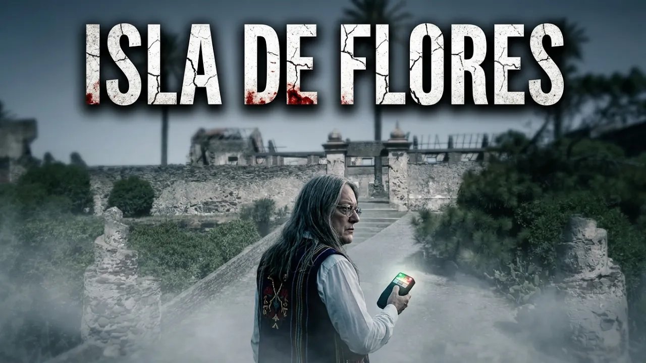 Néstor Ganduglia in front of the ruins of the quarantine station on Isla de Flores, in the video thumbnail